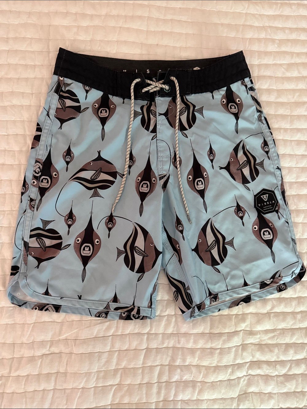 VISSLA Light Blue Swim Trunks with Black & Brown Fish Print